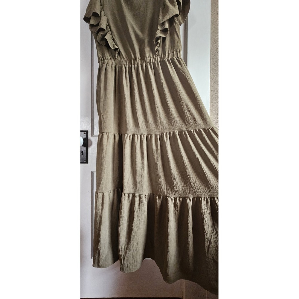 NWT SIMPLEE olive green wrap upper embroidered ruffled tiered dress maxi Sz L - Picture 2 of 9